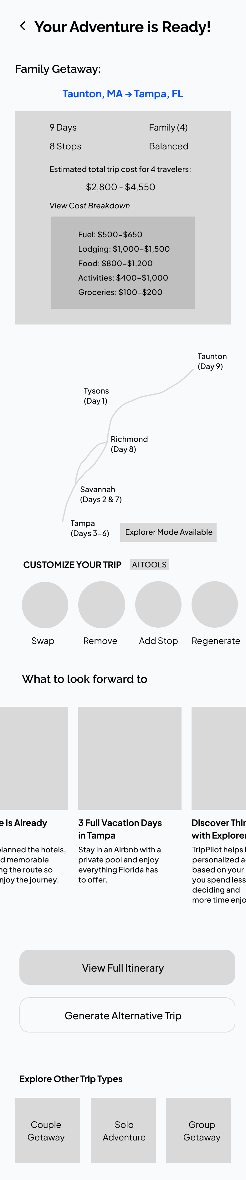 Wireframe: trip overview screen